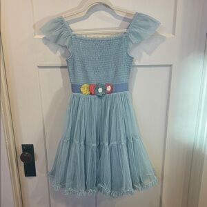 Mini Boden dreamy Light Blue Dress with Colorful Floral ribbon detail.